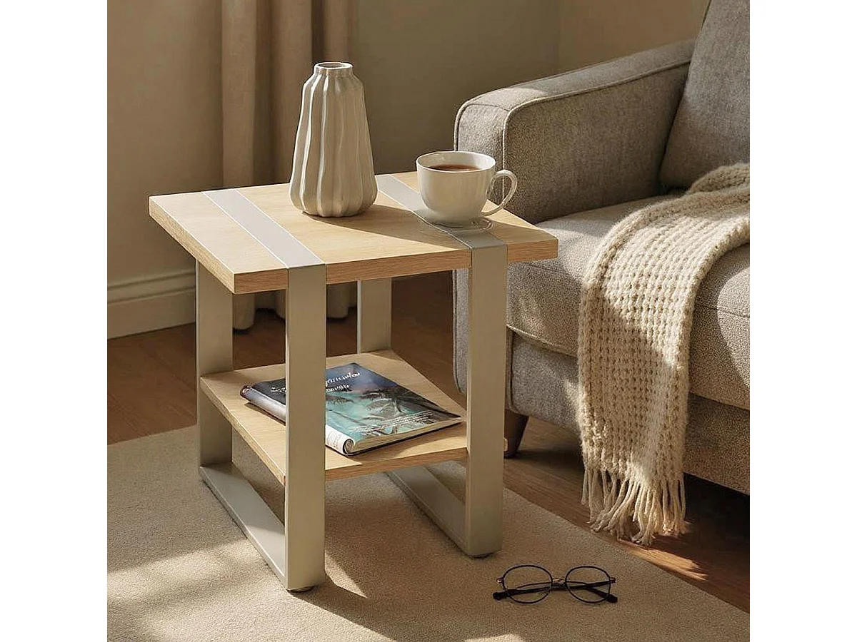 Table d'Appoint 2 Niveaux "Evy" 45cm Naturel & Gris