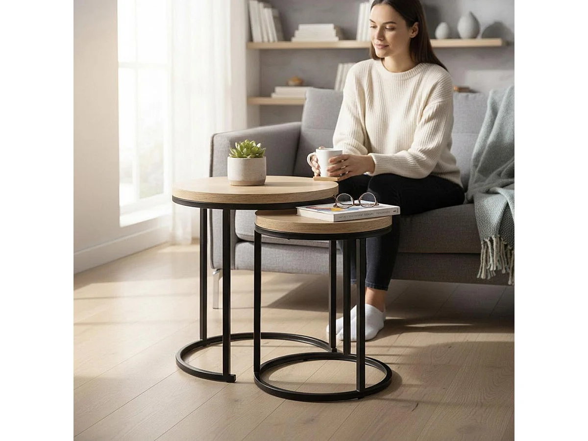 Lot de 2 Tables d'Appoint Gigognes "Lova" 49cm Naturel & Noir