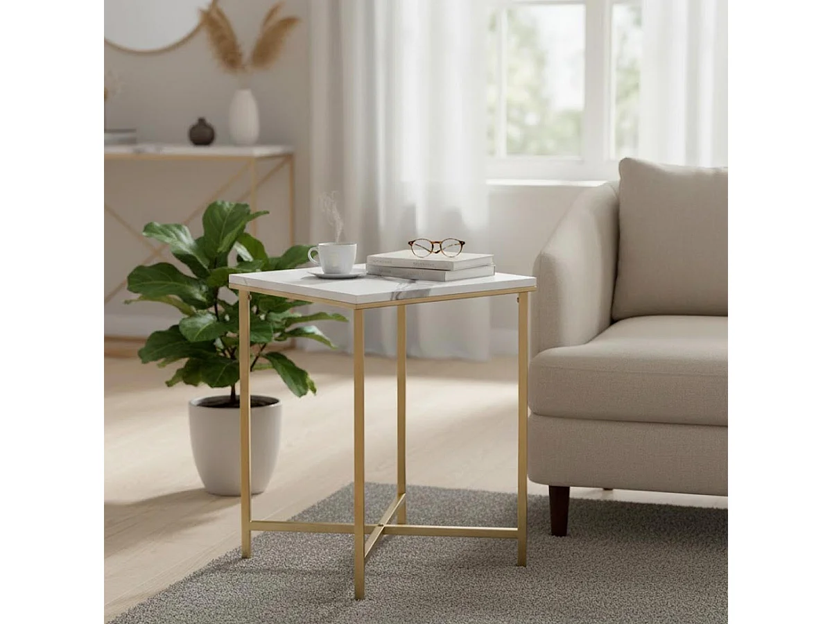 Table d'Appoint Carrée Effet Marbre "Alba" 55cm Or