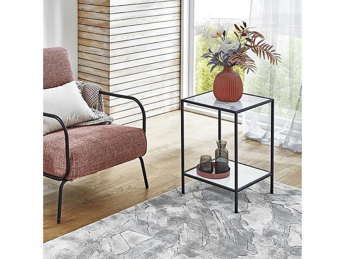 Table d'Appoint Effet Marbre "Julia" 60cm Blanc