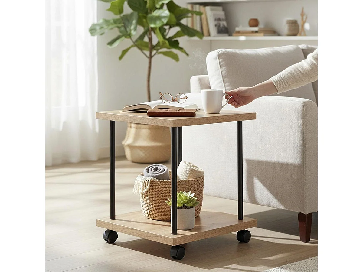 Table d'Appoint à Roulettes "Ilona" 45cm Naturel & Noir
