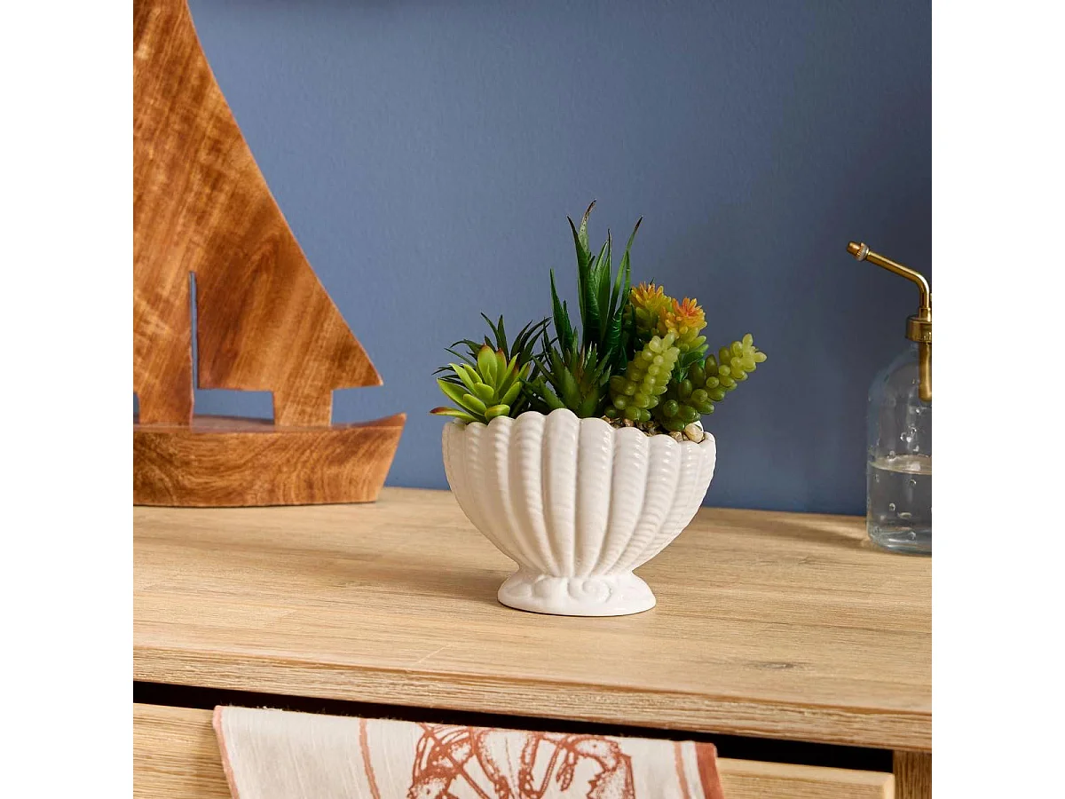 Composition Artificielle Pot Coquillage "Ocea" 20cm Blanc