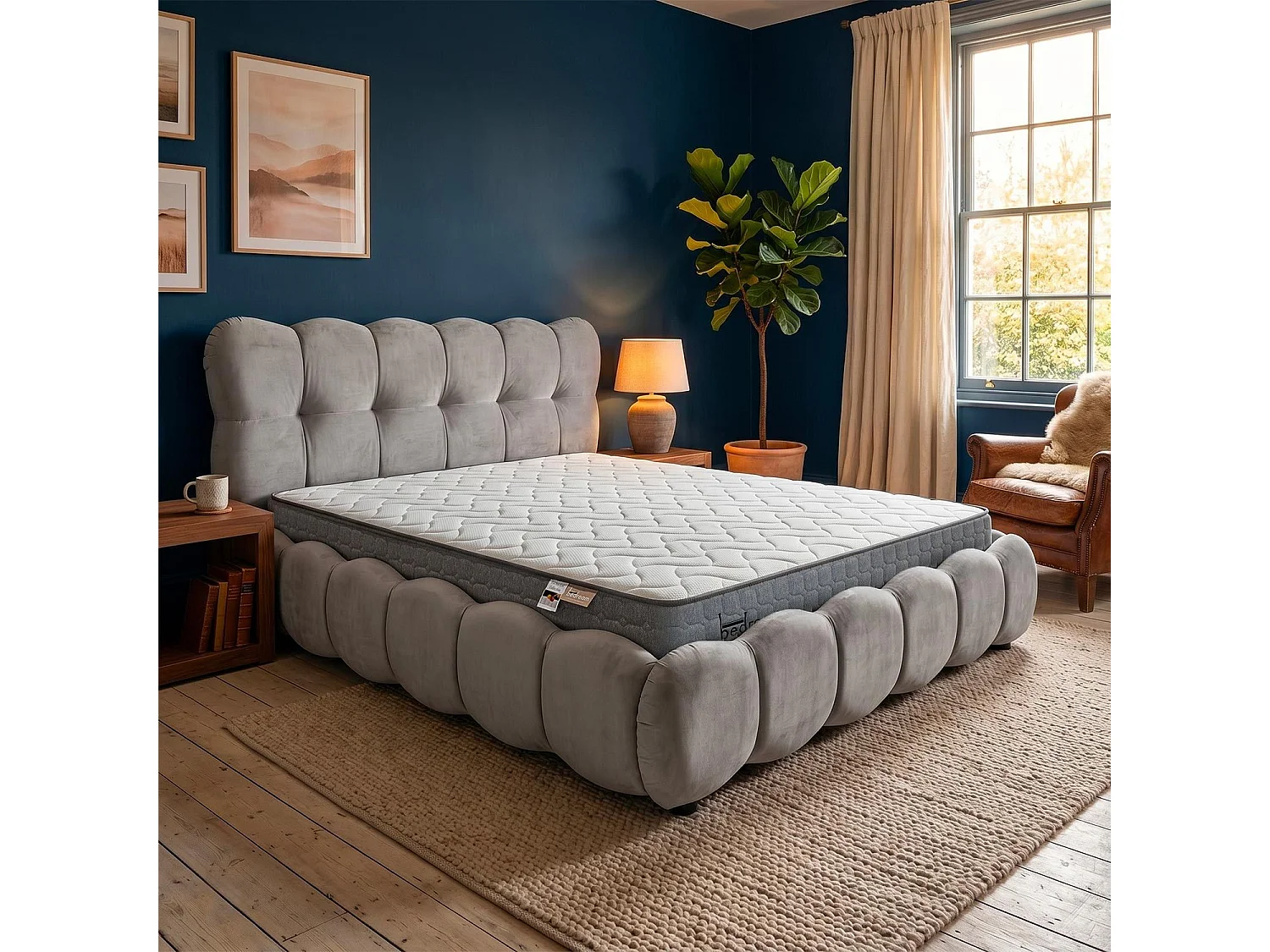 Pack Lit-coffre design boule Bilbola + Matelas Bedream 180x200cm Velours Gris