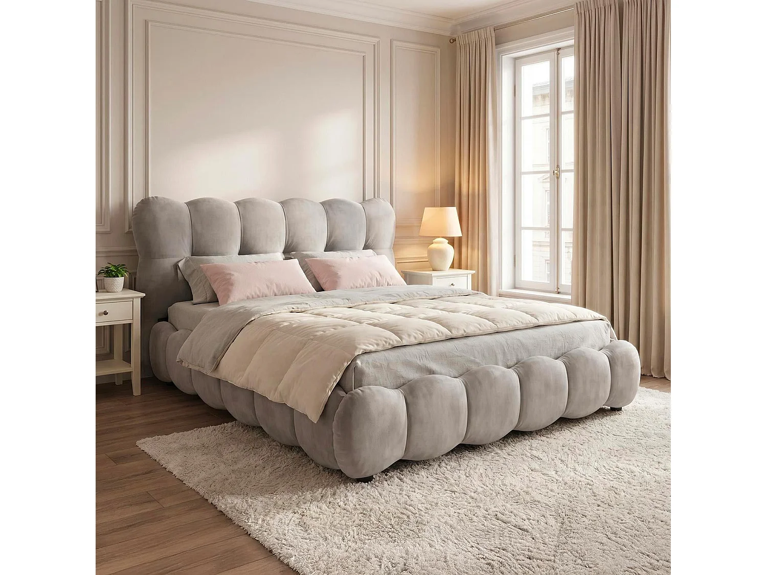 Pack Lit-coffre design boule Bilbola + Matelas Bedream 180x200cm Velours Gris