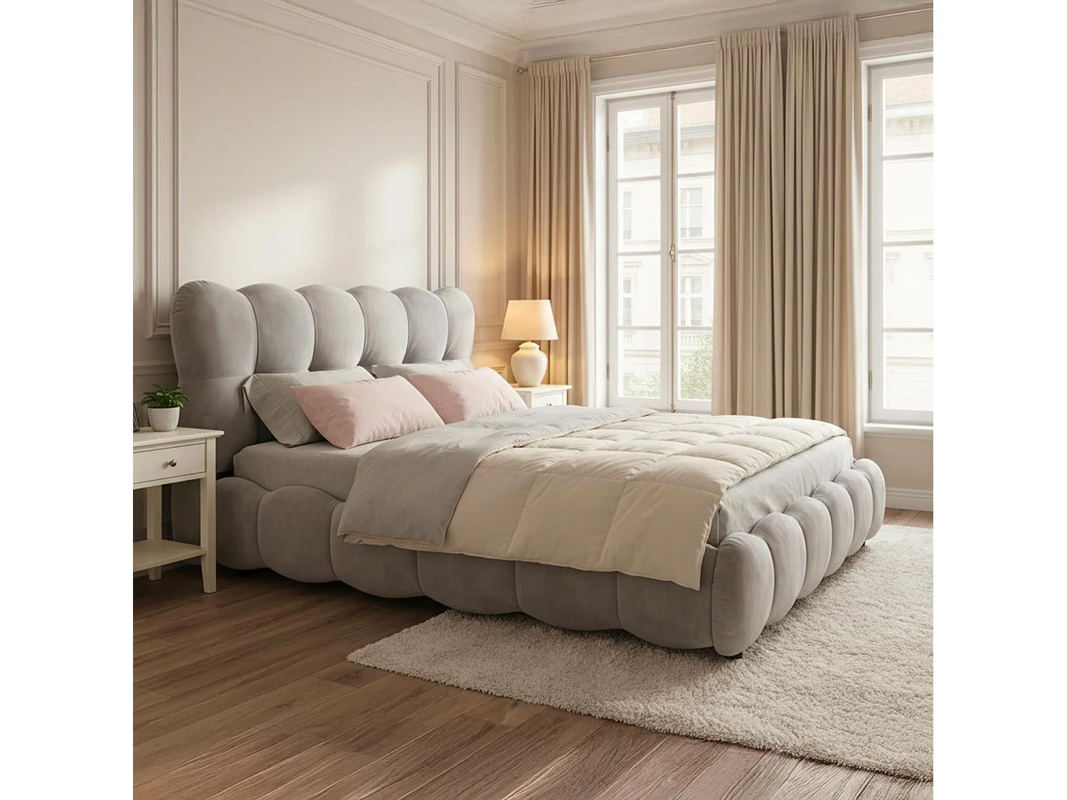 Pack Lit-coffre design boule Bilbola + Matelas Bedream 180x200cm Velours Gris