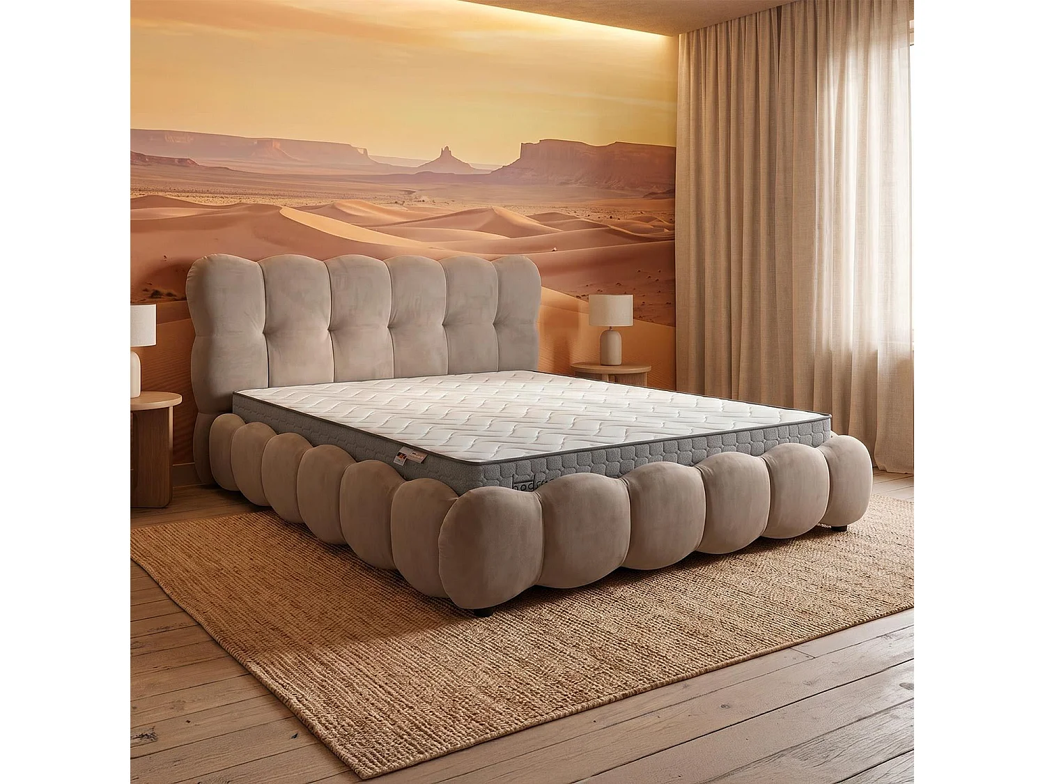 Pack Lit-coffre design boule Bilbola + Matelas Bedream 160x200cm Velours Taupe