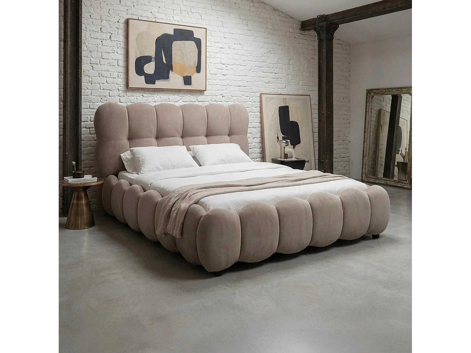 Pack Lit-coffre design boule Bilbola + Matelas Bedream 160x200cm Velours Taupe
