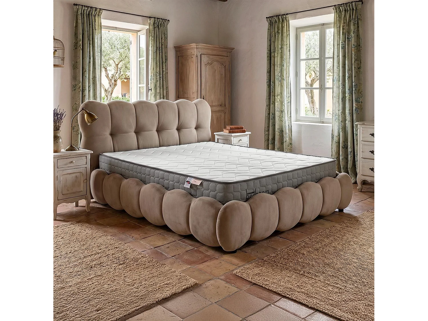 Pack Lit-coffre design boule Bilbola + Matelas Bedream 180x200cm Velours Taupe