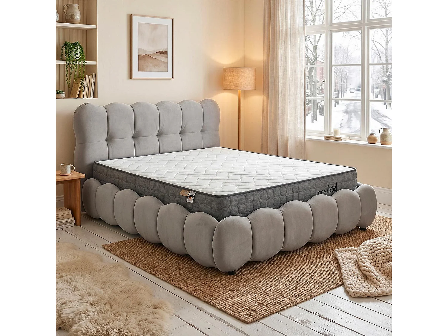 Pack Lit-coffre design boule Bilbola + Matelas Bedream 160x200cm Velours Gris