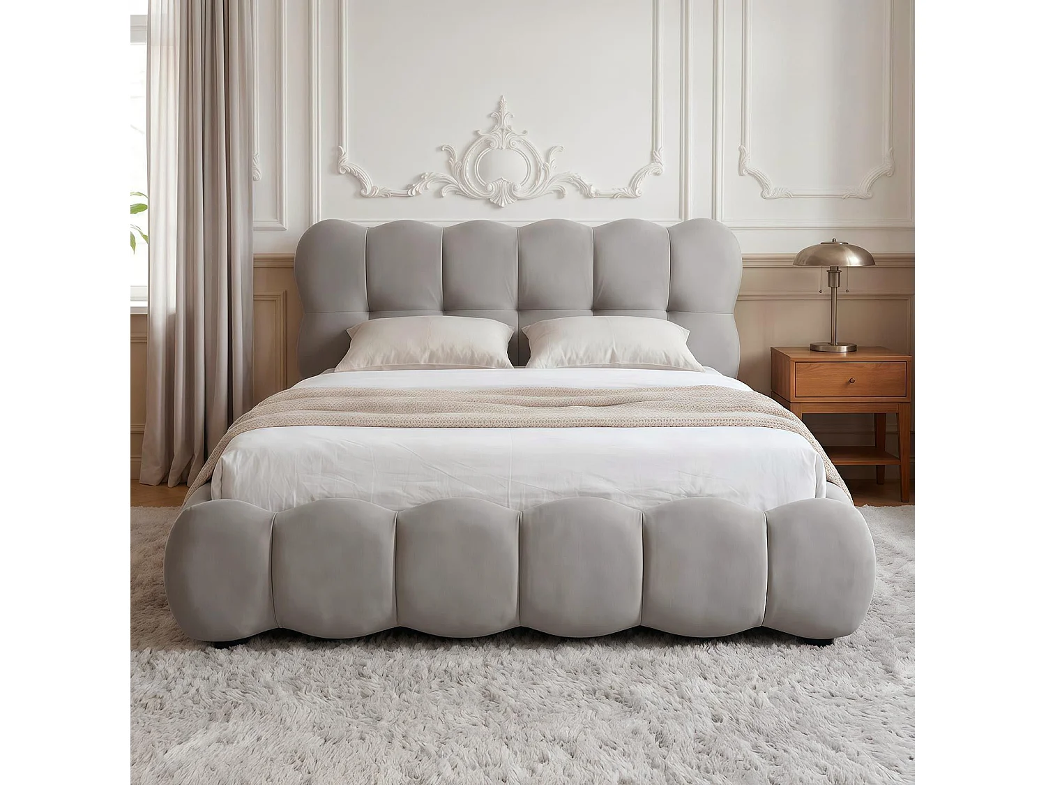 Pack Lit-coffre design boule Bilbola + Matelas Bedream 160x200cm Velours Gris