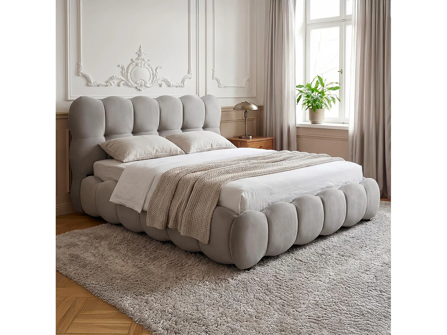 Pack Lit-coffre design boule Bilbola + Matelas Bedream 160x200cm Velours Gris