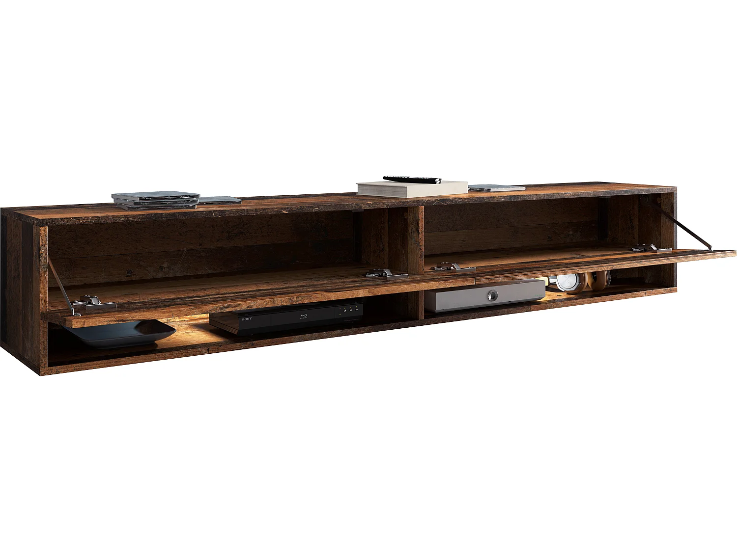 TV-Schrank 180x30x33 cm, Lowboard, mit Türen und Offene Nischen, Farbe: Old Style Eiche - mit LED Beleuchtung