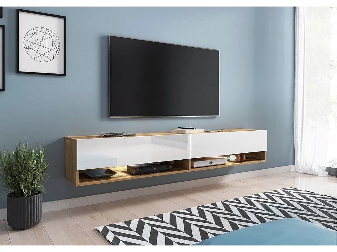 TV-Schrank 180x30x33 cm, Lowboard, mit Türen und Offene Nischen, Farbe: Wotan Eiche / Weiß Hochglanz