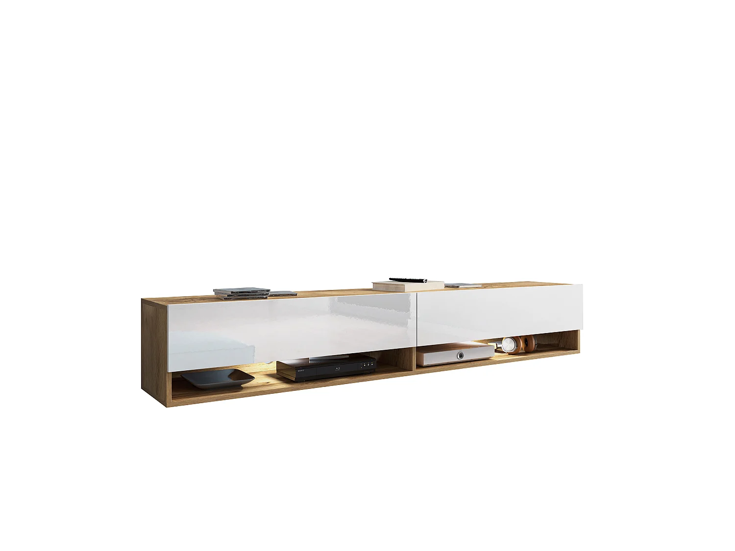 TV-Schrank 180x30x33 cm, Lowboard, mit Türen und Offene Nischen, Farbe: Wotan Eiche / Weiß Hochglanz