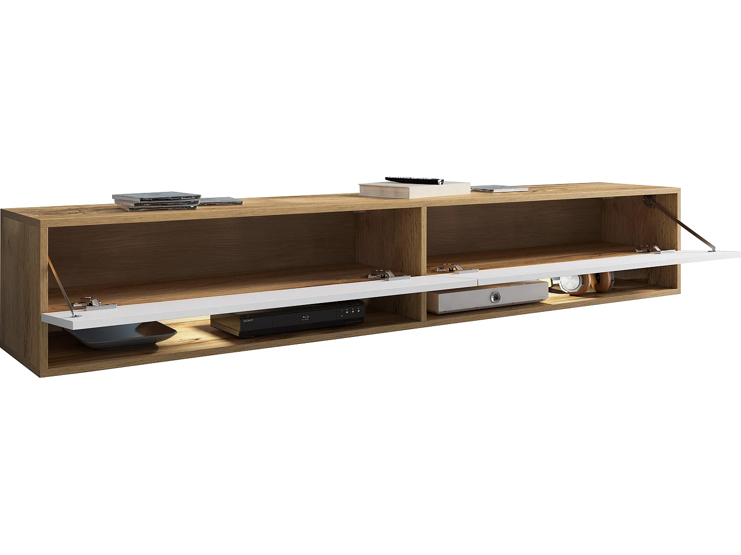 TV-Schrank 180x30x33 cm, Lowboard, mit Türen und Offene Nischen, Farbe: Wotan Eiche / Weiß Hochglanz