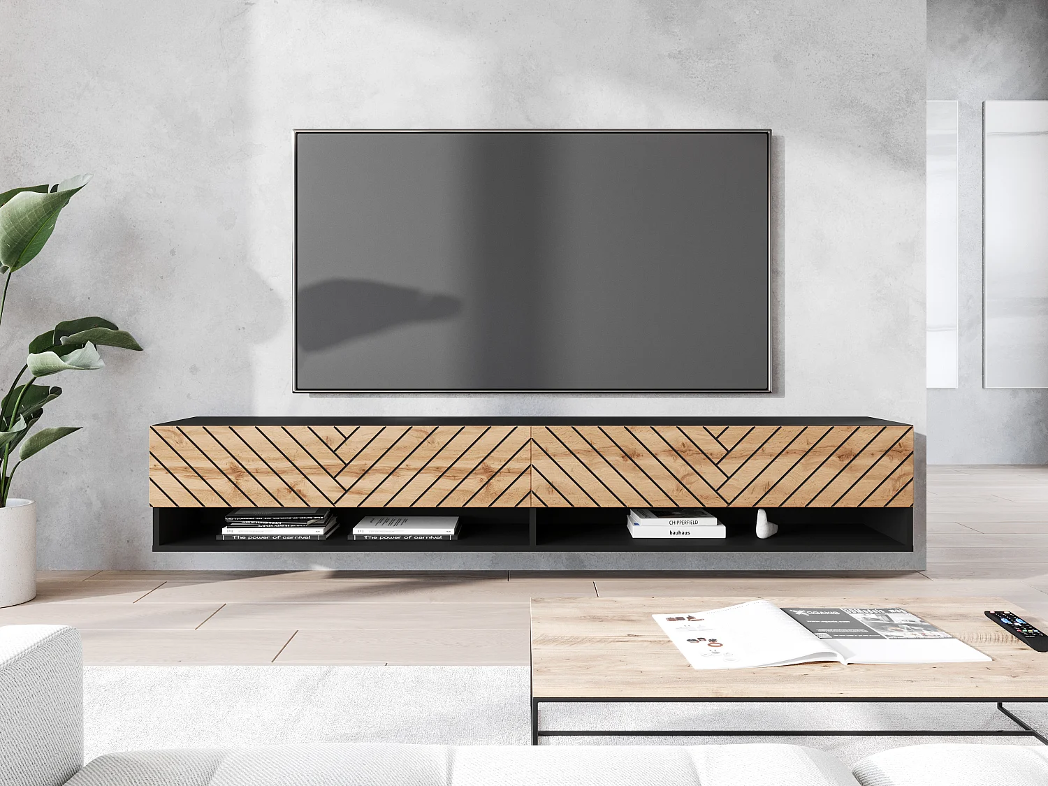 TV-Schrank 180x30x33 cm, Lowboard, mit Türen und Offene Nischen, Farbe: Schwarz matt / Eiche Wotan mit 3D-Fischgrätmuster