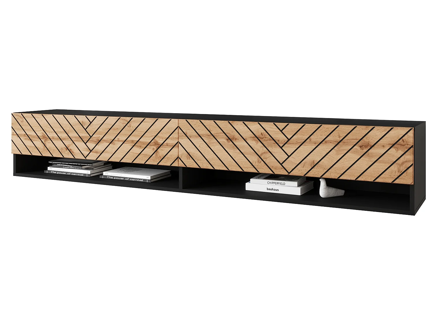 TV-Schrank 180x30x33 cm, Lowboard, mit Türen und Offene Nischen, Farbe: Schwarz matt / Eiche Wotan mit 3D-Fischgrätmuster