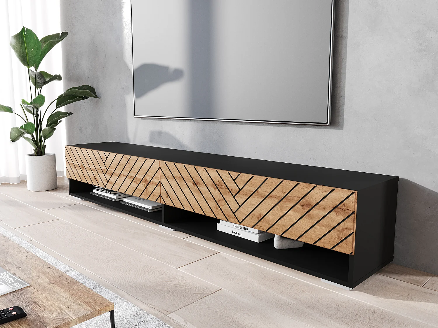TV-Schrank 180x30x33 cm, Lowboard, mit Türen und Offene Nischen, Farbe: Schwarz matt / Eiche Wotan mit 3D-Fischgrätmuster