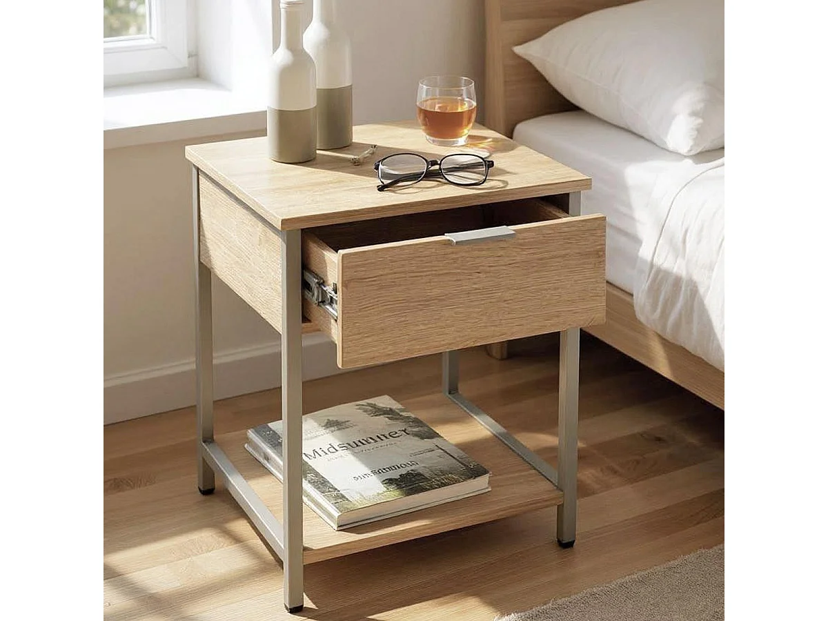 Table de Chevet Avec Tiroir "Burga" 55cm Naturel & Gris