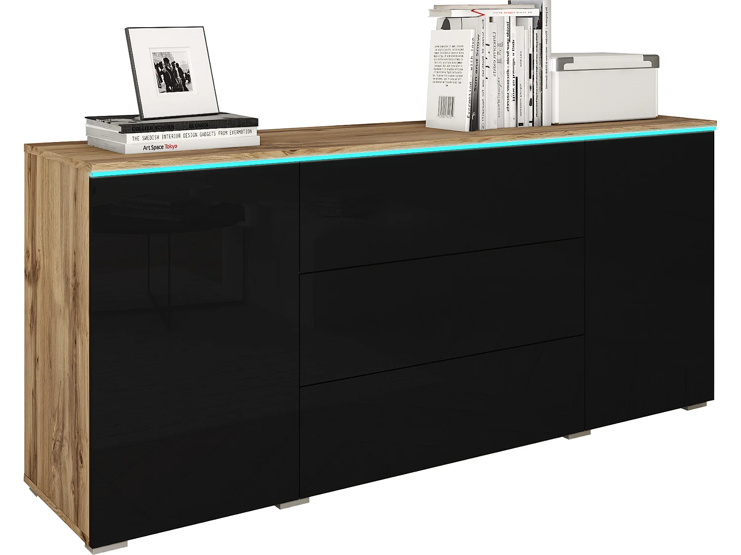 Commode MINIO go for it VEVE 150 cm, Chêne Wotan / Noir brillant