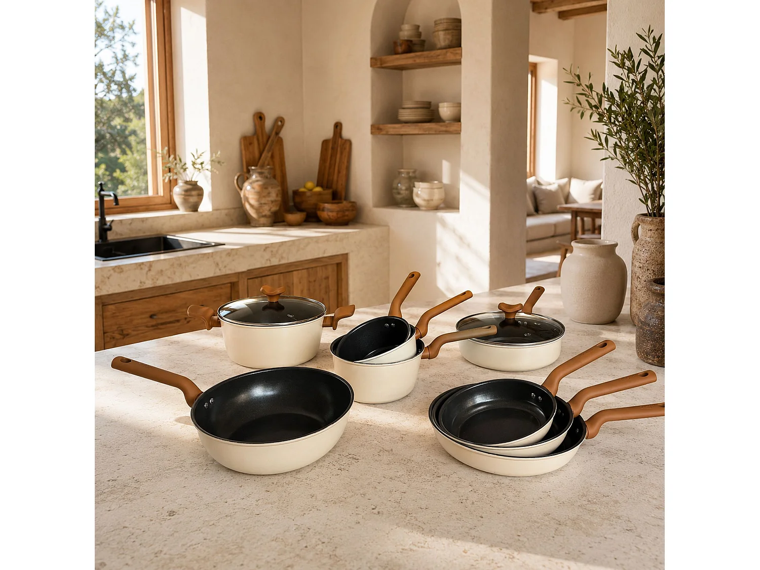 Menastyl - Lot 9 Pieces Praticook En Acier Carbone Beige