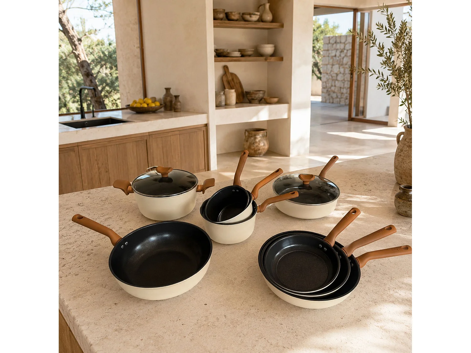Menastyl - Lot 9 Pieces Praticook En Acier Carbone Beige