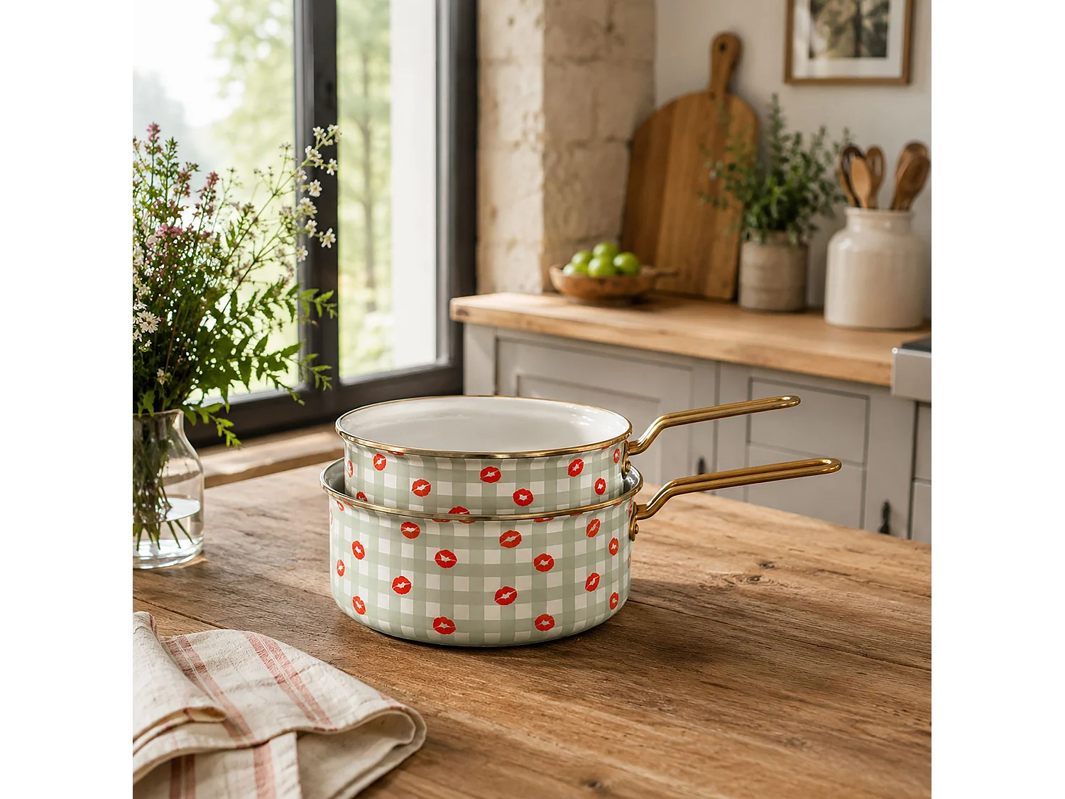 Menastyl - Lot 2casseroles Vichy Bisous 16/18cm En Acier émaillé
