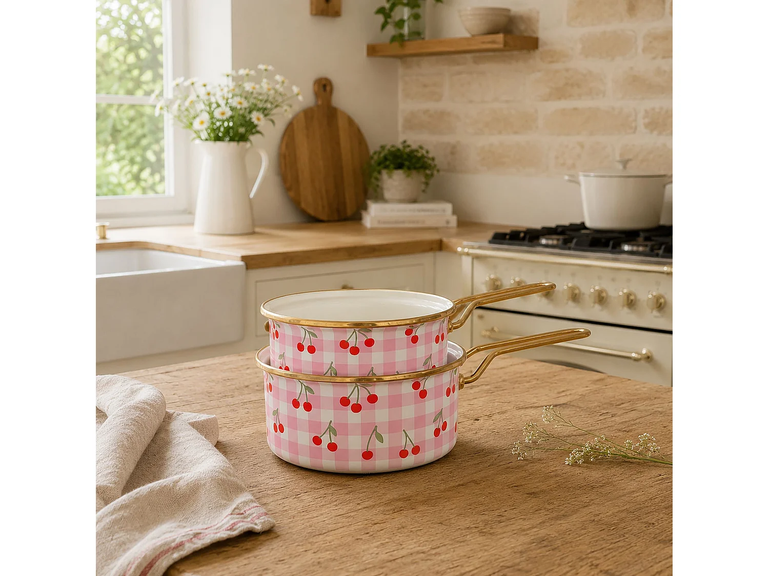 Menastyl - Lot 2casseroles Vichy Cerise 16/18cm En Acier émaillé