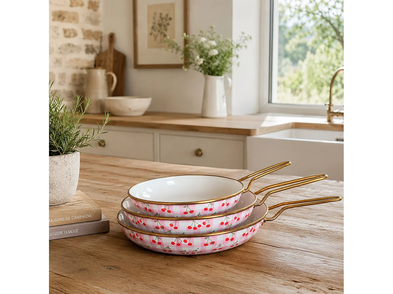 Menastyl - Lot 3poêles Vichy Cerise 20/24/28cm En Acier émaillé