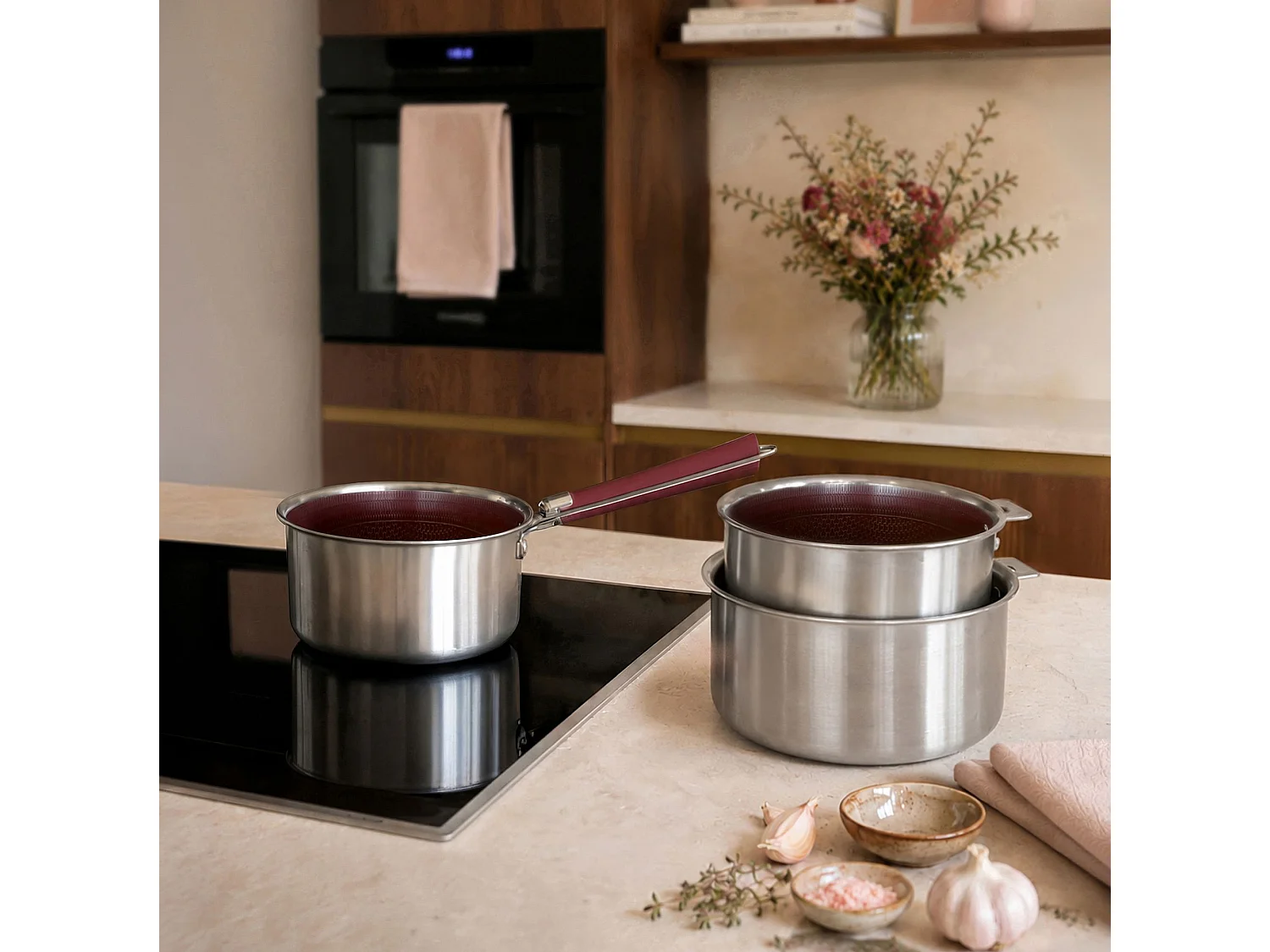 Menastyl - Lot 3 Casseroles Aglae 16/18/20cm En Inox Lie De Vin Avec Poignée