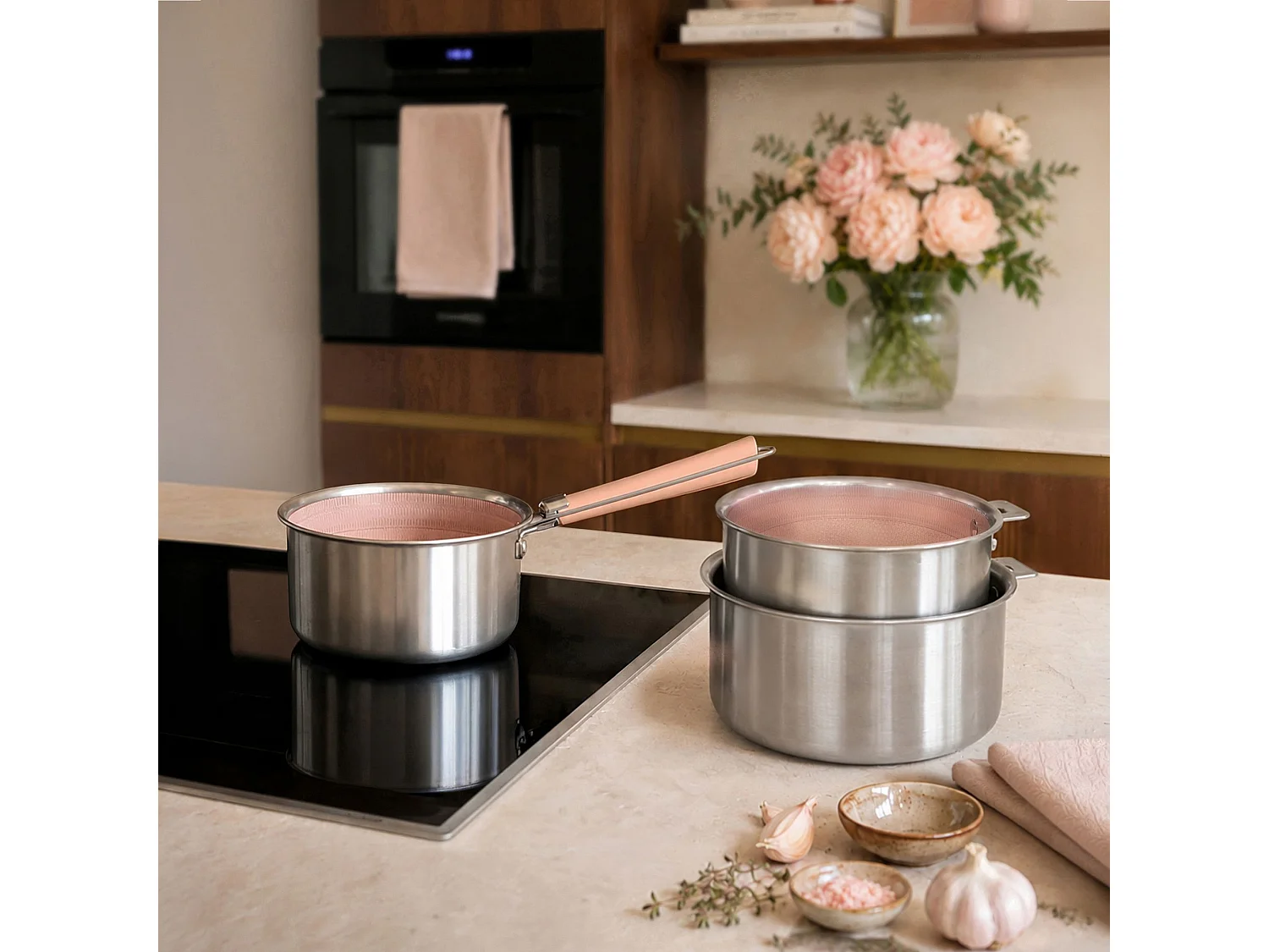 Menastyl - Lot 3 Casseroles Aglae 16/18/20cm En Inox Rose Avec Poignée