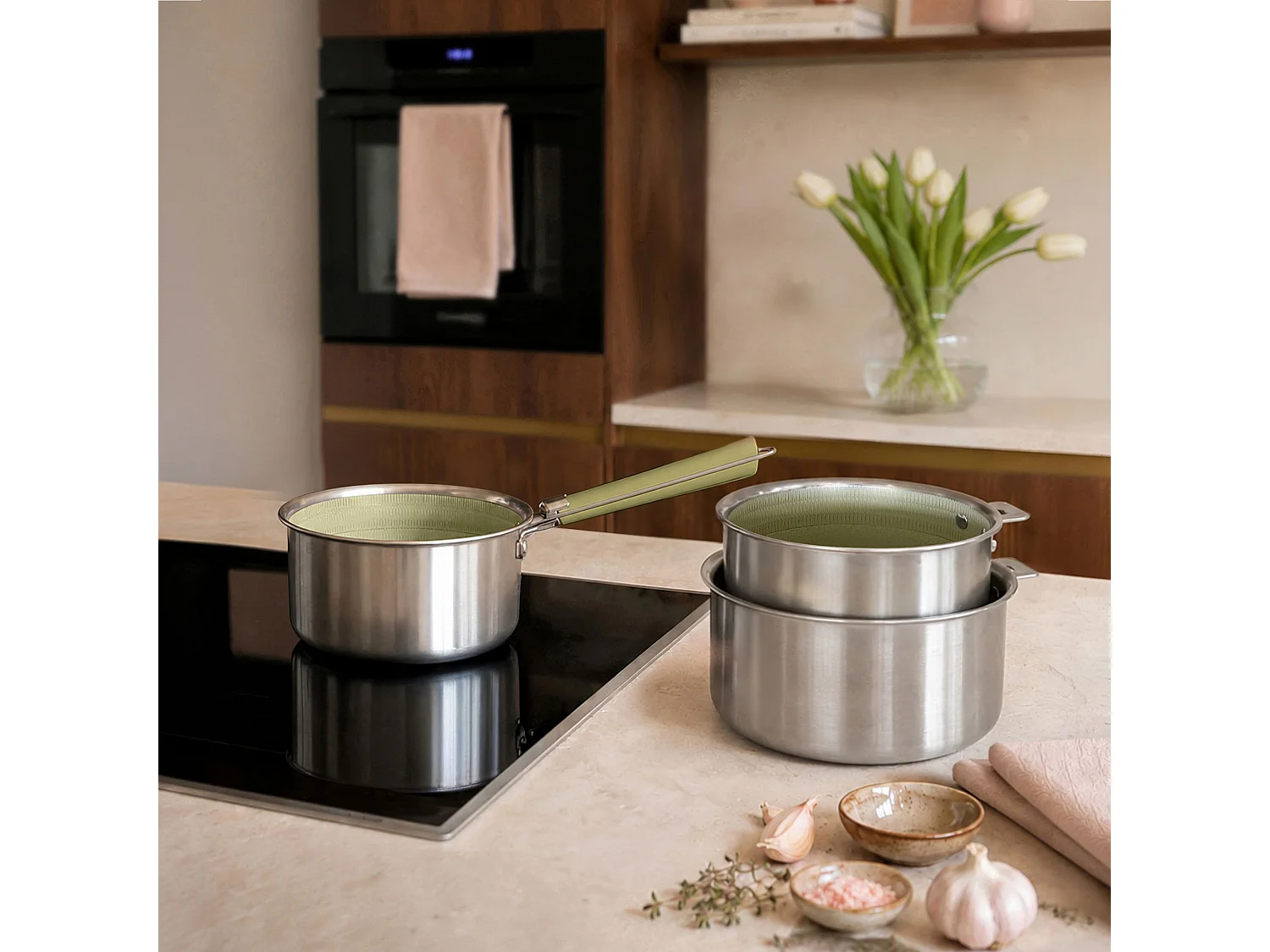 Menastyl - Lot 3 Casseroles Aglae 16/18/20cm En Inox Vert Avec Poignée
