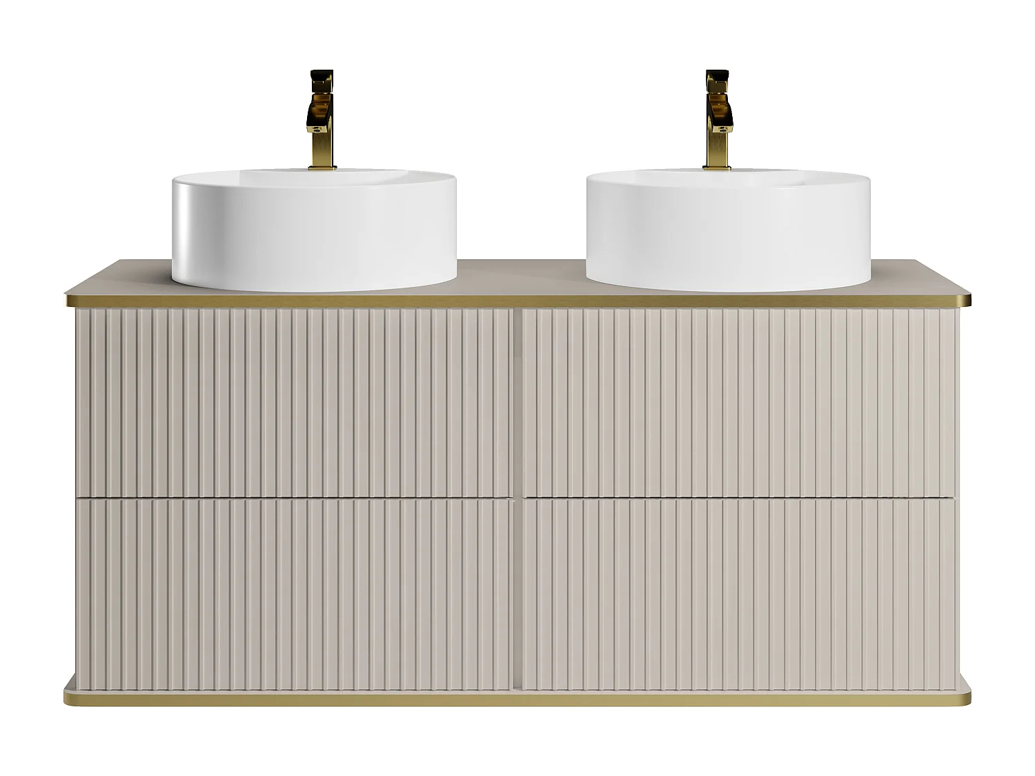 Meuble de salle de bain suspendu strié liseré doré avec double vasque à poser ronde - Beige - 150 cm - KELIZA