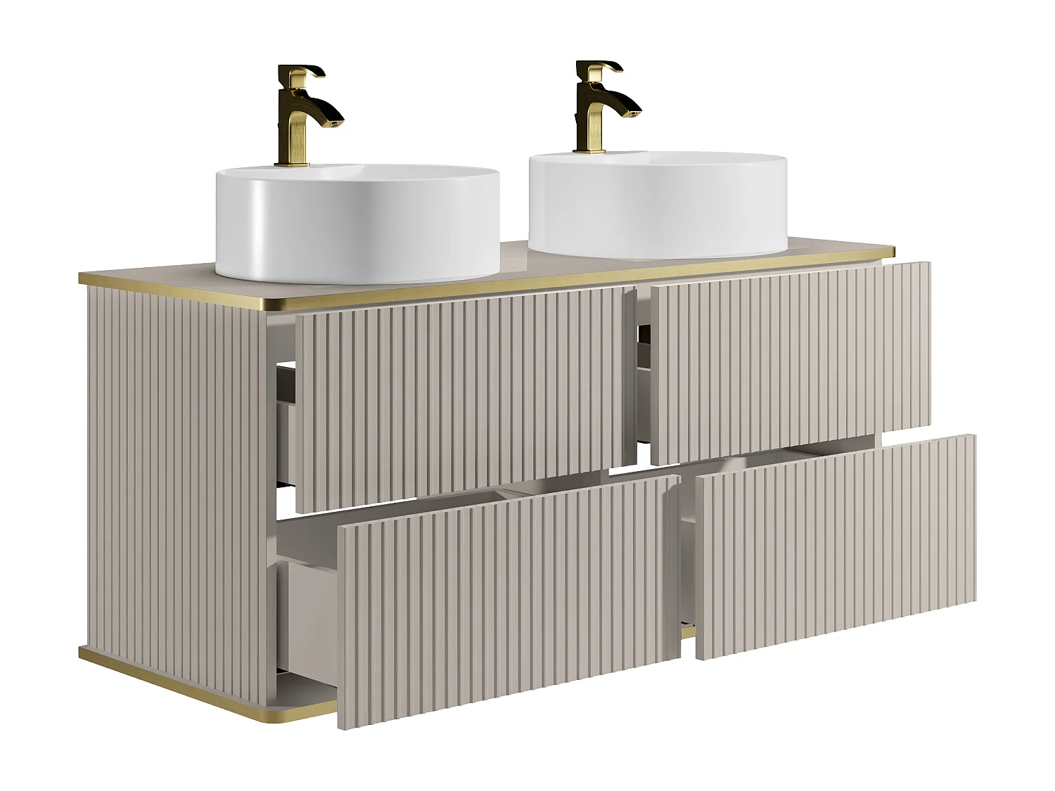 Meuble de salle de bain suspendu strié liseré doré avec double vasque à poser ronde - Beige - 150 cm - KELIZA