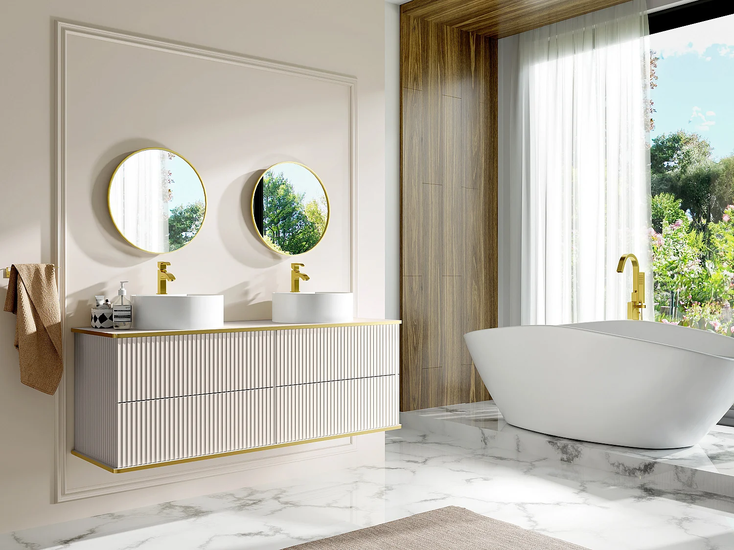 Meuble de salle de bain suspendu strié liseré doré avec double vasque à poser ronde - Beige - 150 cm - KELIZA
