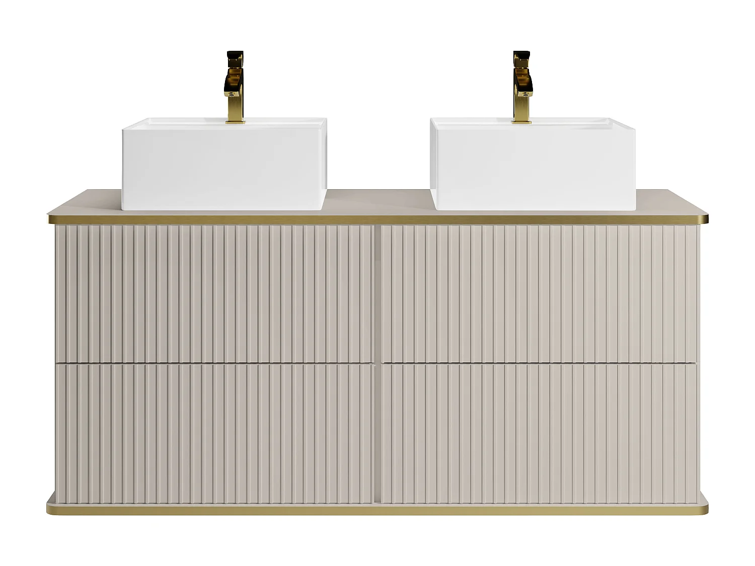 Meuble de salle de bain suspendu strié liseré doré avec double vasque à poser carrée - Beige - 150 cm - KELIZA