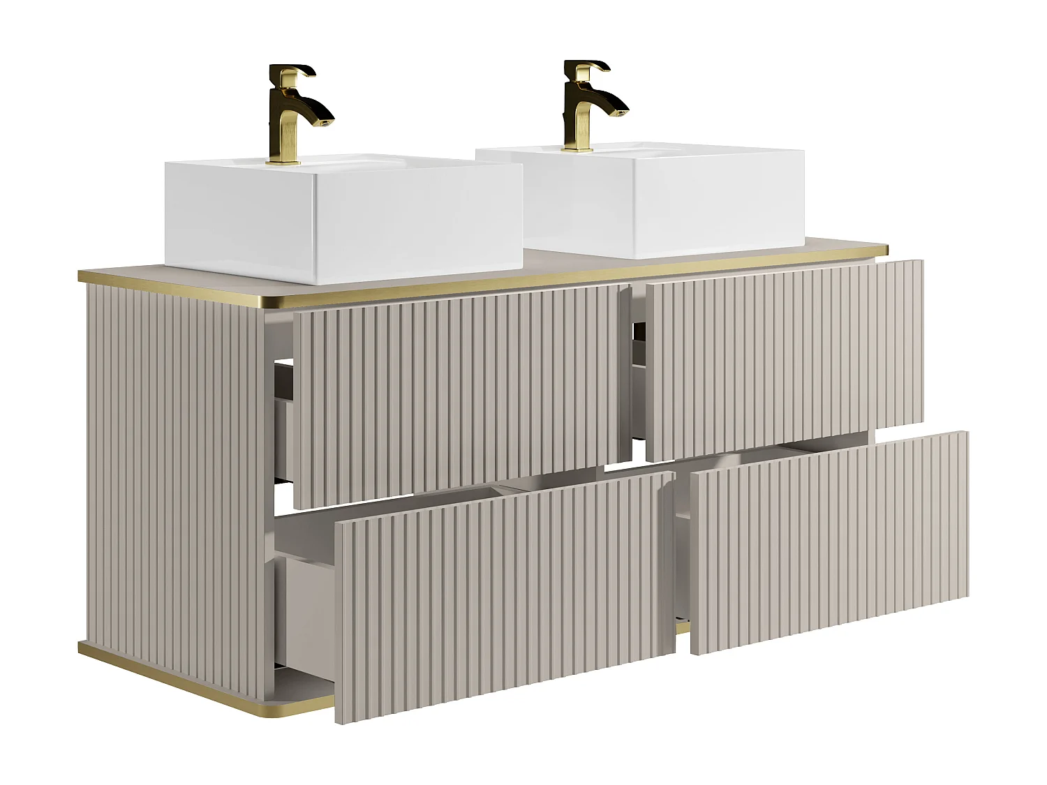 Meuble de salle de bain suspendu strié liseré doré avec double vasque à poser carrée - Beige - 150 cm - KELIZA
