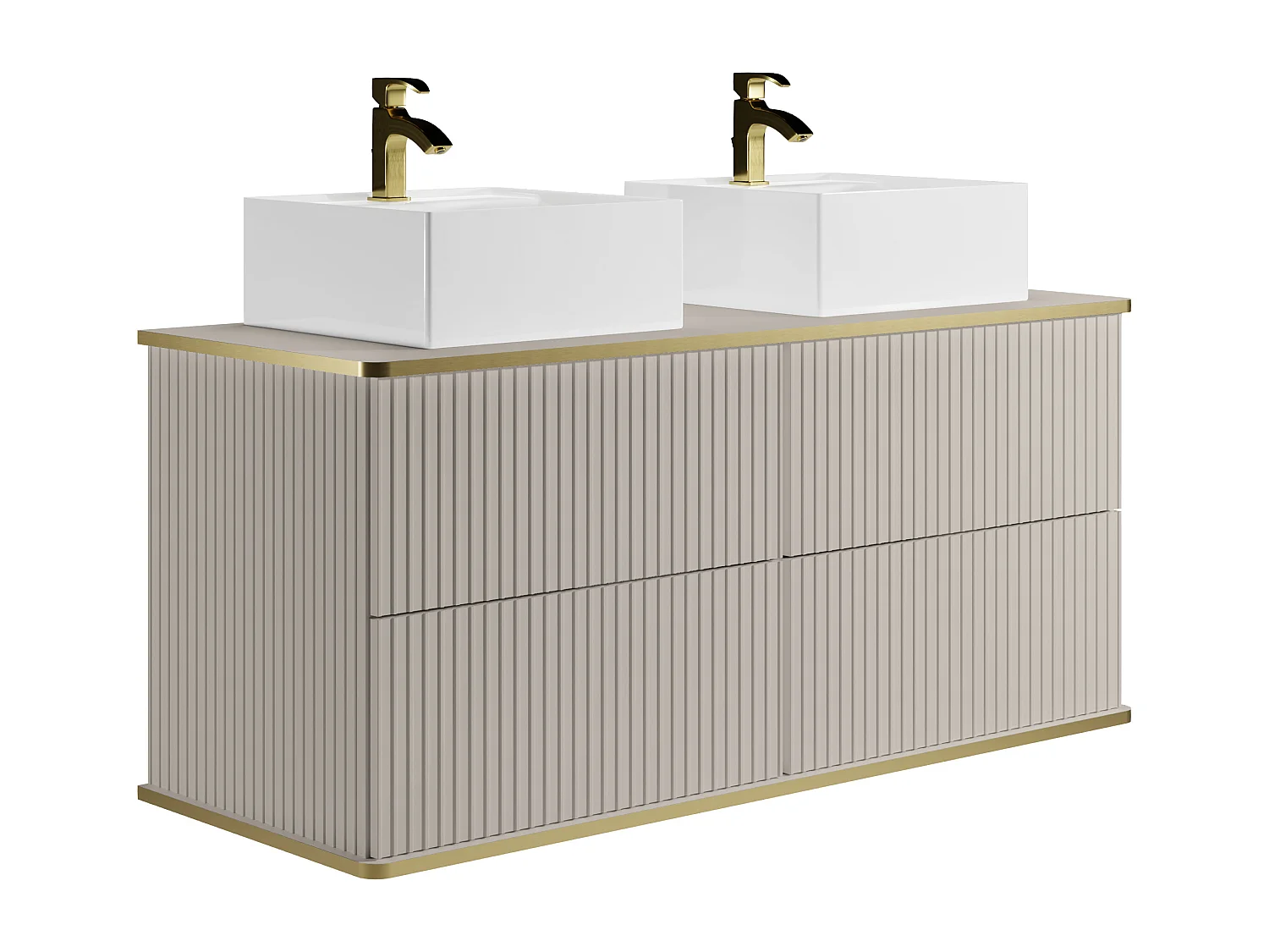 Meuble de salle de bain suspendu strié liseré doré avec double vasque à poser carrée - Beige - 150 cm - KELIZA
