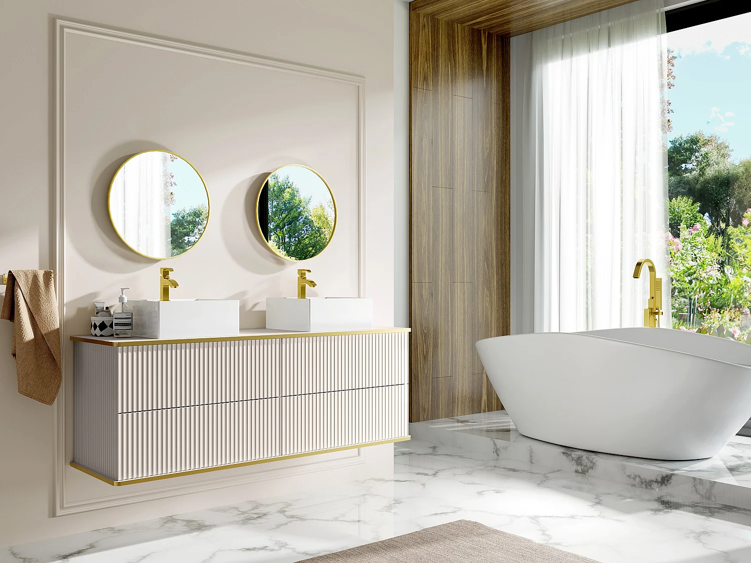 Meuble de salle de bain suspendu strié liseré doré avec double vasque à poser carrée - Beige - 150 cm - KELIZA