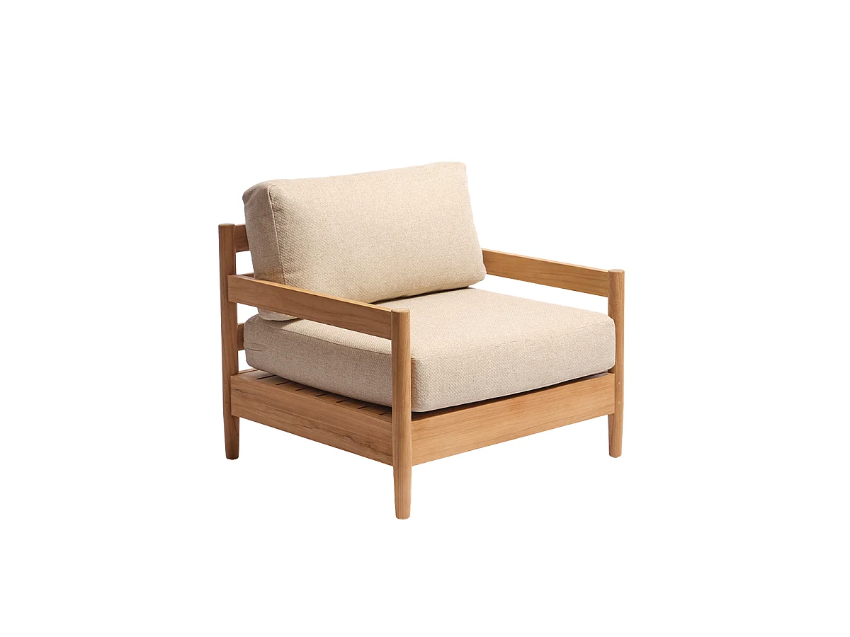Fauteuil de jardin bas en teck massif avec coussins