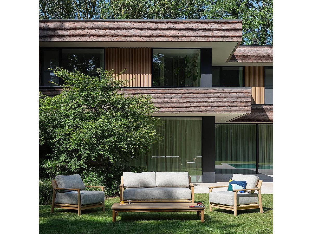 Poltrona da giardino in teak con cuscini grigi melange