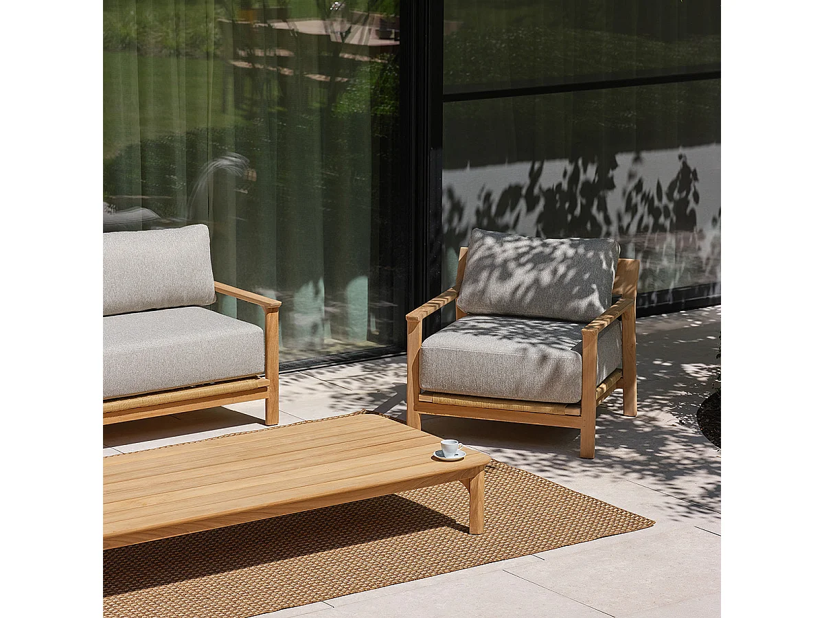 Salon de jardin bas en teck avec coussins gris chiné 5 personnes