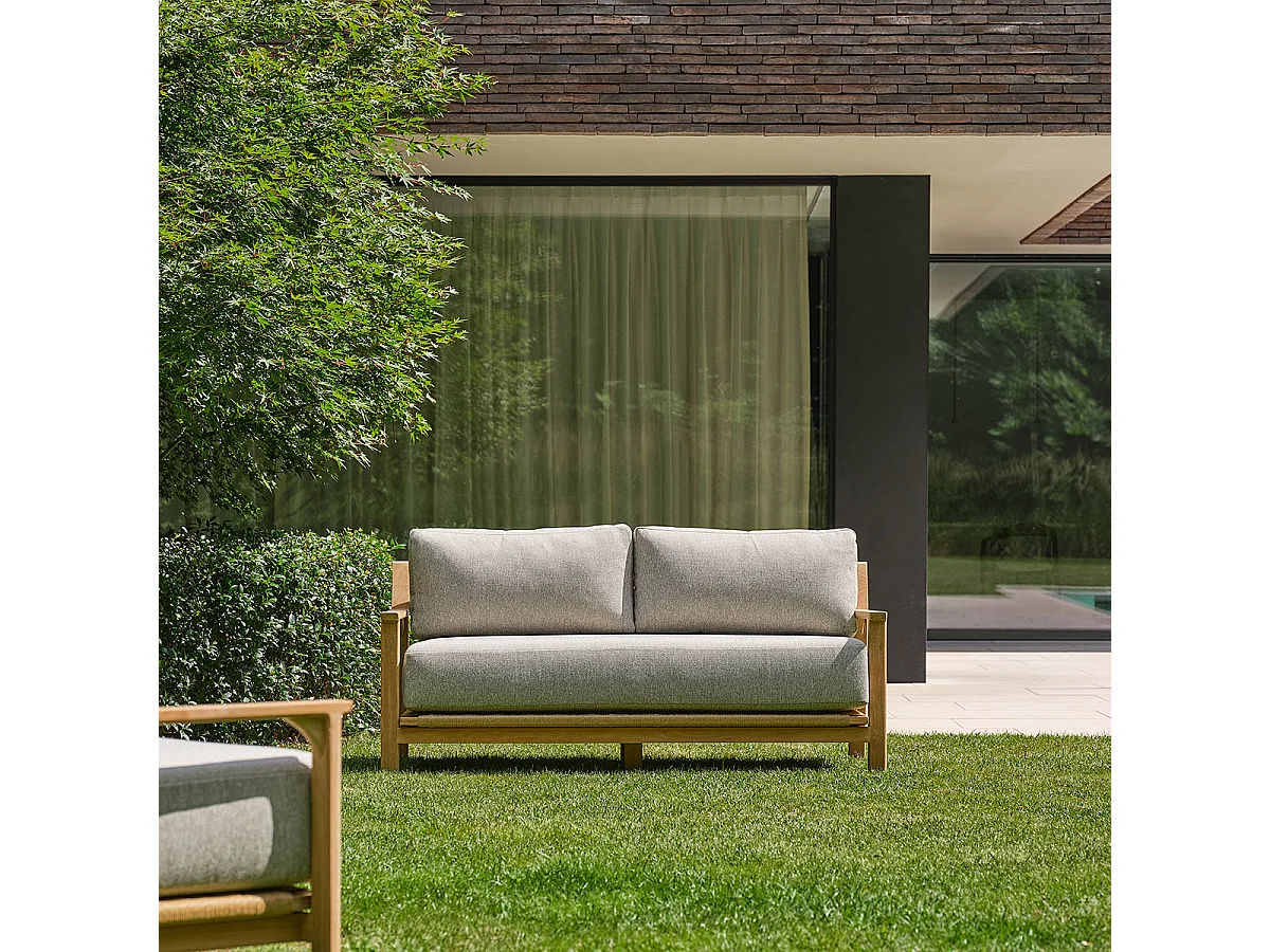 Salon de jardin bas en teck avec coussins gris chiné 4 personnes