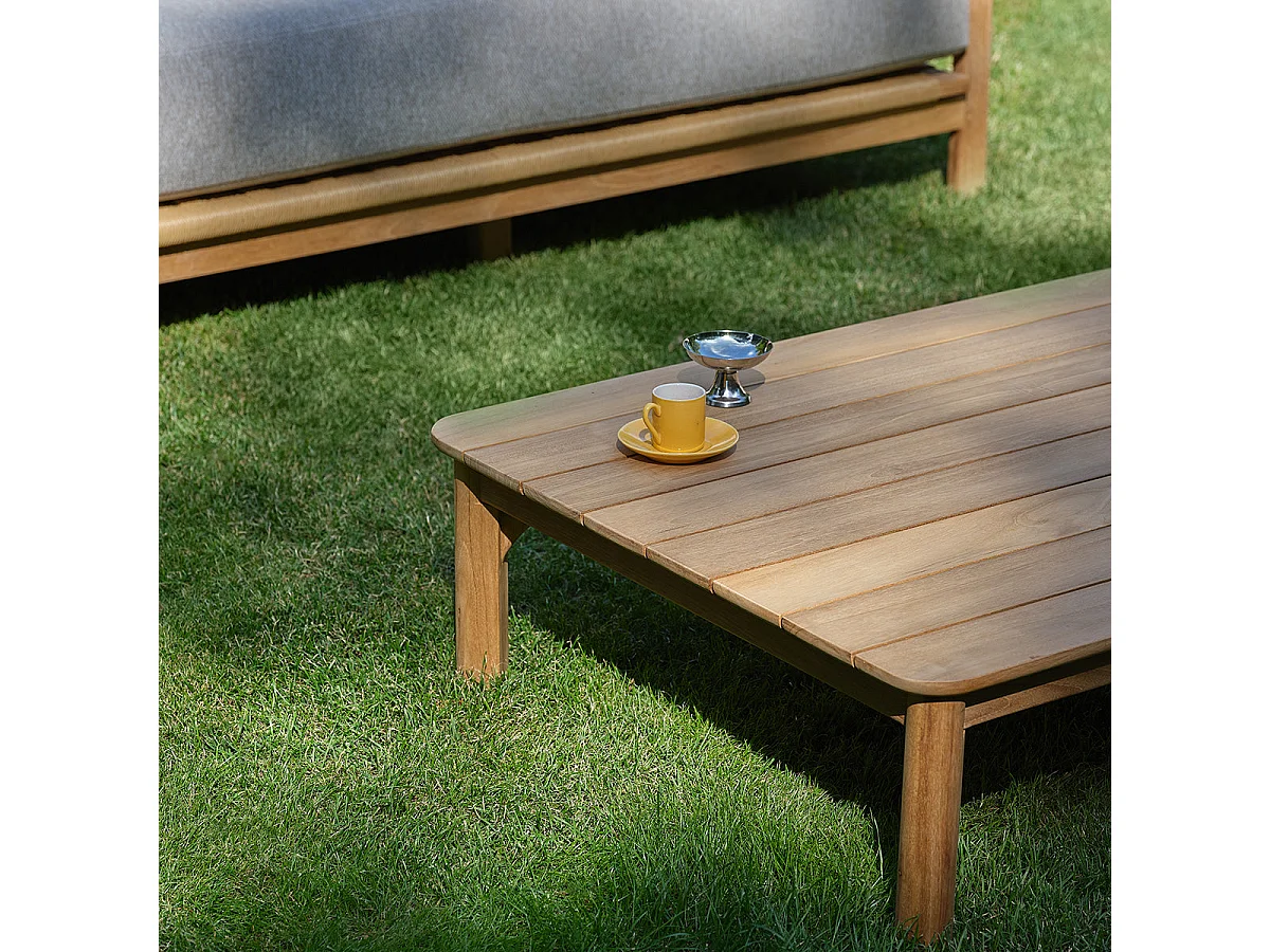 Salon de jardin bas en teck avec coussins gris chiné 4 personnes