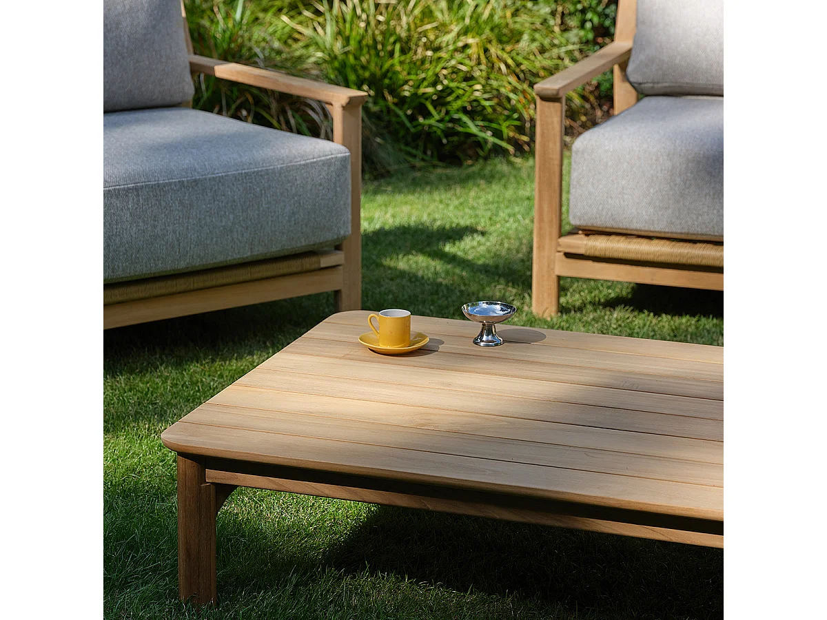 Salon de jardin bas en teck avec coussins gris chiné 4 personnes