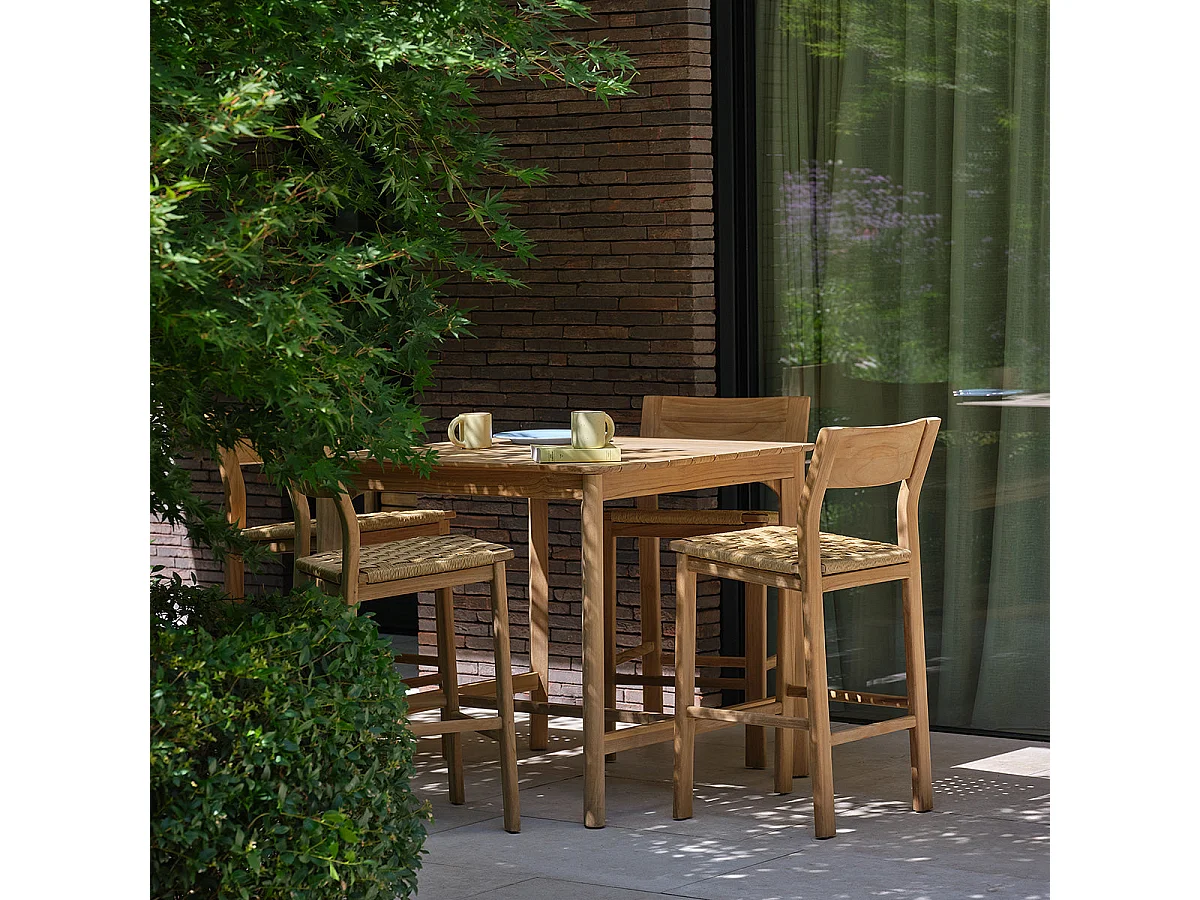 Set da giardino con tavolino da bar in teak e rattan per 4 persone.