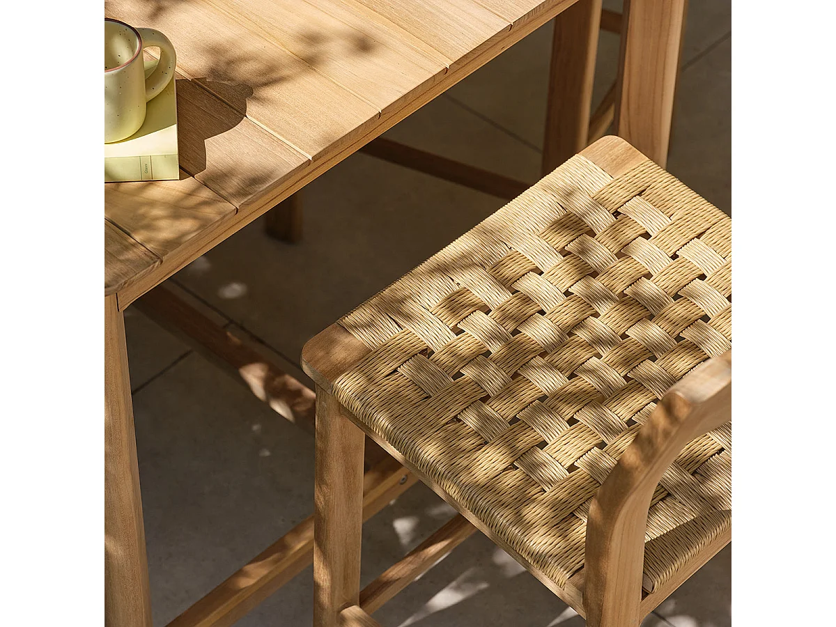 Set da giardino con tavolino da bar in teak e rattan per 4 persone.