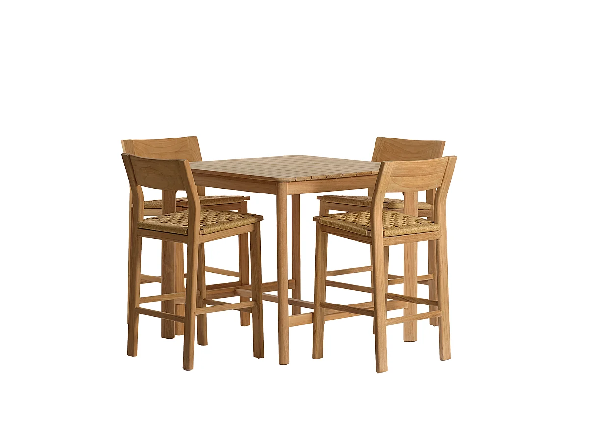 Set da giardino con tavolino da bar in teak e rattan per 4 persone.