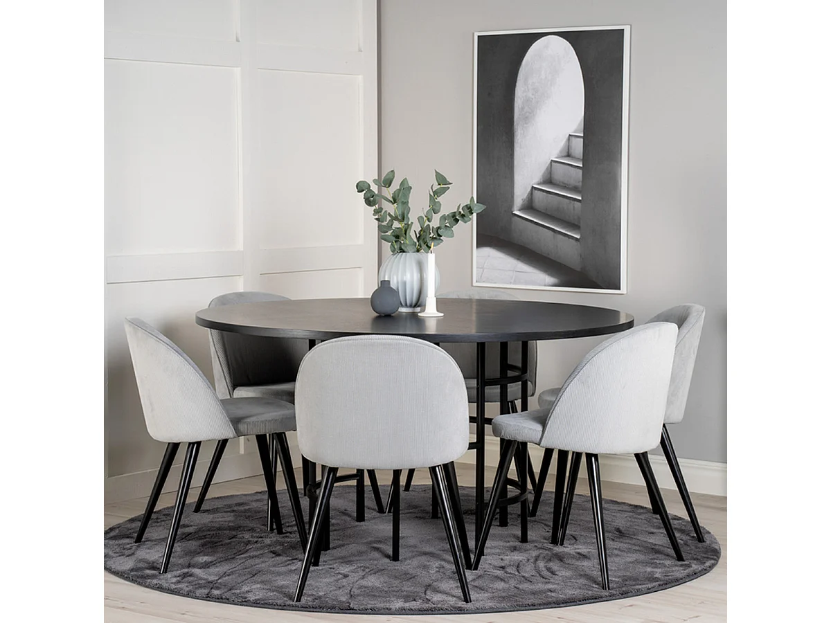 Ensemble Table à Manger & 6 Chaises "Copenhagen & Velvet" 140cm Gris & Noir