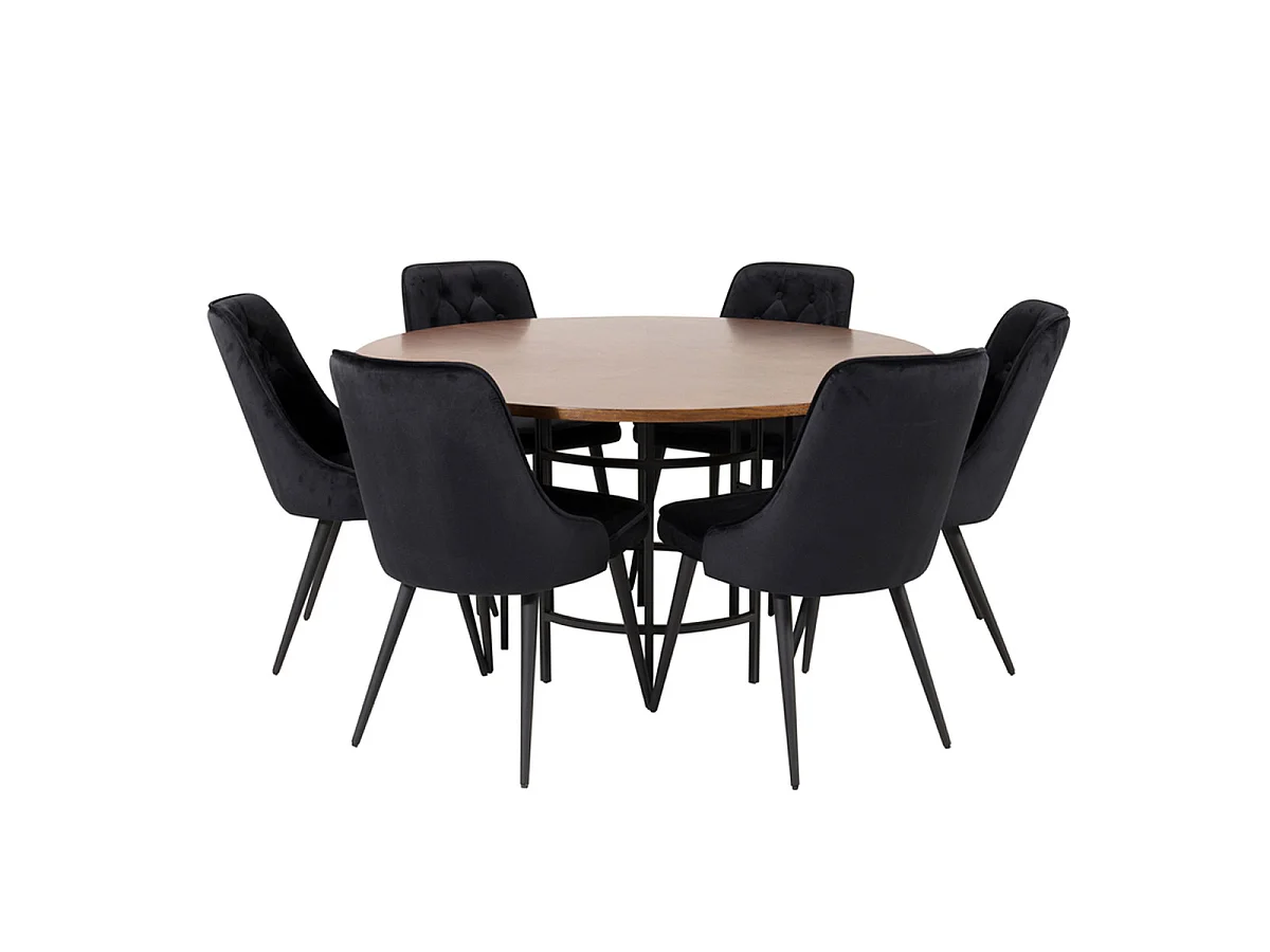 Ensemble Table à Manger & 6 Chaises "Copenhagen & Velvet" 140cm Noir & Marron